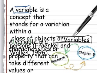 A variable is a
concept that
stands for a variation
within a
class of objects or
persons (Fraenkel and
Wallen, 1996).
A variable is a
characteristics or
property that can
take different
values or
Variables
 