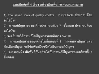 แบบฝึกหัดที่ 4 เรื่อง เครื่องมือเพื่อการควบคุมคุณภาพ
1) The seven tools of quality control : 7 QC tools ประกอบด้วย
อะไรบ้าง
2) การแก้ปัญหาขององค์กรประกอบด้วย 7 ขั้นตอน ประกอบด้วย
อะไรบ้าง
3) จงอธิบายวิธีการแก้ไขปัญหาตามหลักการ 5W 1H
4) การแก้ปัญหาขององค์กรในขั้นตอนที่ 1 การค้นหาปัญหาและ
คัดเลือกปัญหา จะใช้เครื่องมือชนิดใดในการแก้ปัญหา
5) วงจรเดมมิง สัมพันธ์กันอย่างไรกับการแก้ปัญหาขององค์กรทั้ง 7
ขั้นตอน
 