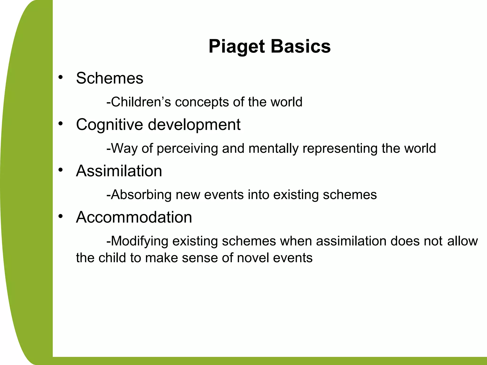 Piaget Basics
• Schemes
-Children’s concepts of the world
• Cognitive development
-Way of perceiving and mentally representing the world
• Assimilation
-Absorbing new events into existing schemes
• Accommodation
-Modifying existing schemes when assimilation does not allow
the child to make sense of novel events
 