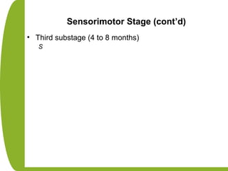Sensorimotor Stage (cont’d)
• Sixth substage (18 to 24 months)
-Transition between sensorimotor development and the
develo...