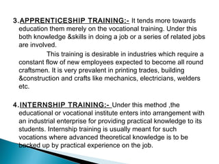 3.APPRENTICESHIP TRAINING:- It tends more towards
education them merely on the vocational training. Under this
both knowledge &skills in doing a job or a series of related jobs
are involved.
This training is desirable in industries which require a
constant flow of new employees expected to become all round
craftsmen. It is very prevalent in printing trades, building
&construction and crafts like mechanics, electricians, welders
etc.
4.INTERNSHIP TRAINING:- Under this method ,the
educational or vocational institute enters into arrangement with
an industrial enterprise for providing practical knowledge to its
students. Internship training is usually meant for such
vocations where advanced theoretical knowledge is to be
backed up by practical experience on the job.
 