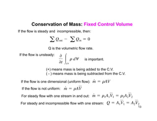 Conservation of Mass: Fixed Control Volume
If the flow is steady and incompressible, then:
Q is the volumetric flow rate.
If the flow is unsteady:
is important.is important.
(+) means mass is being added to the C.V.
( - ) means mass is being subtracted from the C.V.
If the flow is one dimensional (uniform flow):
If the flow is not uniform:
For steady flow with one stream in and out:
For steady and incompressible flow with one stream:
13
 