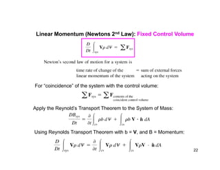Linear Momentum (Newtons 2nd Law): Fixed Control Volume
For “coincidence” of the system with the control volume:For “coincidence” of the system with the control volume:
Using Reynolds Transport Theorem with b = V, and B = Momentum:
Apply the Reynold’s Transport Theorem to the System of Mass:
22
 