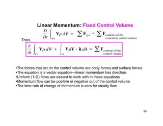 Linear Momentum: Fixed Control Volume
Then,
•The forces that act on the control volume are body forces and surface forces
•The equation is a vector equation—linear momentum has direction.
•Uniform (1-D) flows are easiest to work with in these equations
•Momentum flow can be positive or negative out of the control volume
•The time rate of change of momentum is zero for steady flow.
24
 