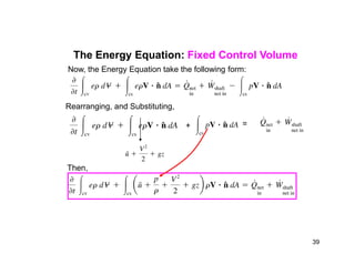 The Energy Equation: Fixed Control Volume
Now, the Energy Equation take the following form:
+ =
Rearranging, and Substituting,
Then,
39
 
