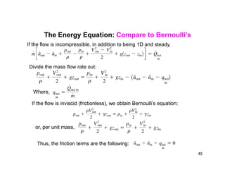 The Energy Equation: Compare to Bernoulli’s
If the flow is incompressible, in addition to being 1D and steady,
Divide the mass flow rate out:
Where,
If the flow is inviscid (frictionless), we obtain Bernoulli’s equation:
or, per unit mass,
Thus, the friction terms are the following:
45
 