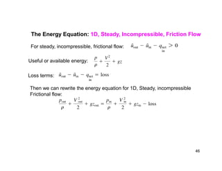 The Energy Equation: 1D, Steady, Incompressible, Friction Flow
For steady, incompressible, frictional flow:
Useful or available energy:
Loss terms:
Then we can rewrite the energy equation for 1D, Steady, incompressibleThen we can rewrite the energy equation for 1D, Steady, incompressible
Frictional flow:
46
 