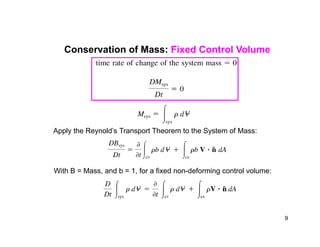 Conservation of Mass: Fixed Control Volume
Apply the Reynold’s Transport Theorem to the System of Mass:
With B = Mass, and b = 1, for a fixed non-deforming control volume:
9
 