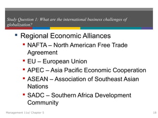 Study Question 1: What are the international business challenges of
globalization?
 Regional Economic Alliances
 NAFTA – North American Free Trade
Agreement
 EU – European Union
 APEC – Asia Pacific Economic Cooperation
 ASEAN – Association of Southeast Asian
Nations
 SADC – Southern Africa Development
Community
Management 11e/ Chapter 5 18
 