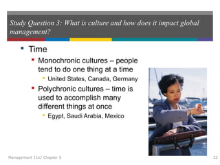 Study Question 3: What is culture and how does it impact global
management?
 Time
 Monochronic cultures – people
tend to do one thing at a time
 United States, Canada, Germany
 Polychronic cultures – time is
used to accomplish many
different things at once
 Egypt, Saudi Arabia, Mexico
Management 11e/ Chapter 5 32
 