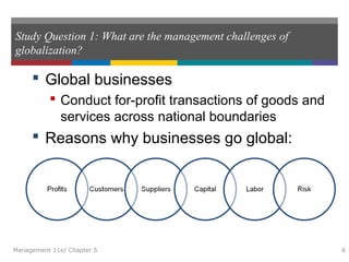 Study Question 1: What are the management challenges of
globalization?
 Global businesses
 Conduct for-profit transactions of goods and
services across national boundaries
 Reasons why businesses go global:
Management 11e/ Chapter 5 6
 