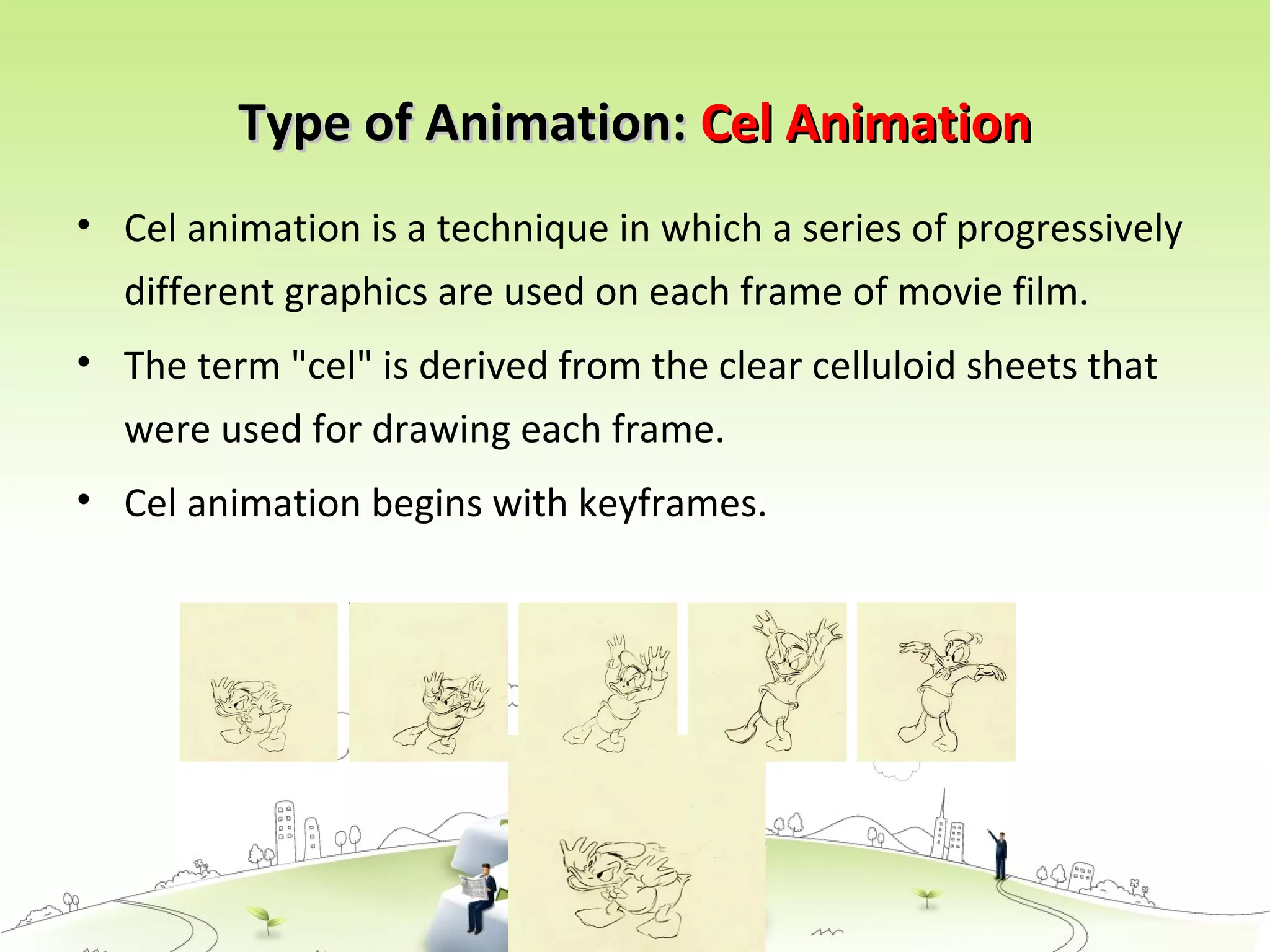 Type of Animation:Type of Animation: Cel AnimationCel Animation
• Cel animation is a technique in which a series of progressively
different graphics are used on each frame of movie film.
• The term "cel" is derived from the clear celluloid sheets that
were used for drawing each frame.
• Cel animation begins with keyframes.
 