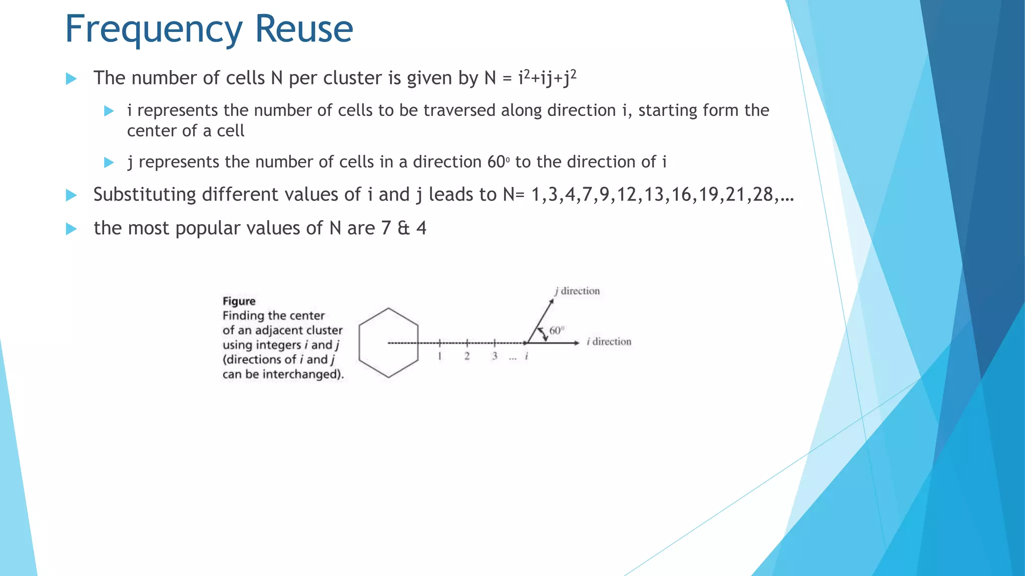  The number of cells N per cluster is given by N = i2+ij+j2
 i represents the number of cells to be traversed along direction i, starting form the
center of a cell
 j represents the number of cells in a direction 60₀ to the direction of i
 Substituting different values of i and j leads to N= 1,3,4,7,9,12,13,16,19,21,28,…
 the most popular values of N are 7 & 4
Frequency Reuse
 