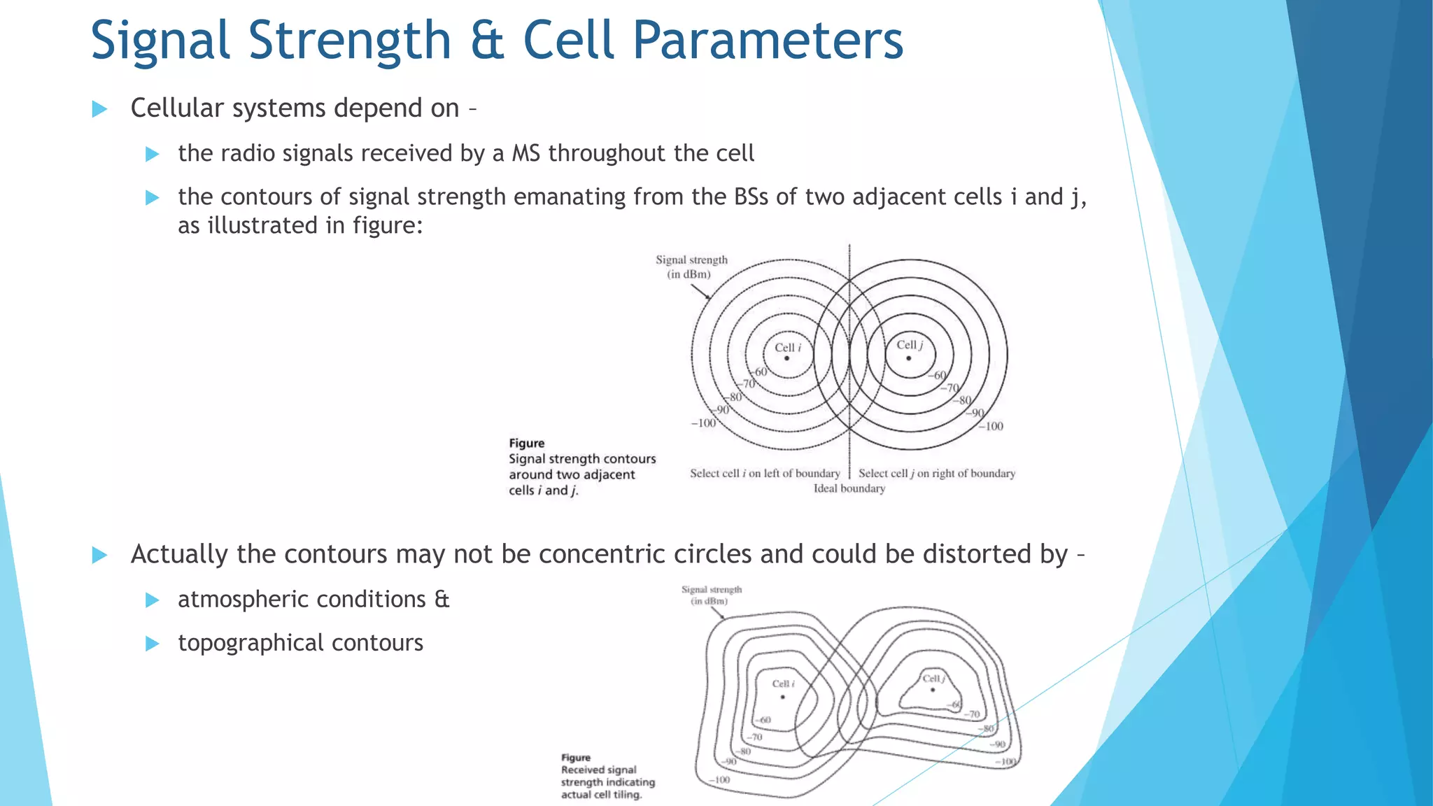 Signal Strength & Cell Parameters
 Cellular systems depend on –
 the radio signals received by a MS throughout the cell
 the contours of signal strength emanating from the BSs of two adjacent cells i and j,
as illustrated in figure:
 Actually the contours may not be concentric circles and could be distorted by –
 atmospheric conditions &
 topographical contours
 