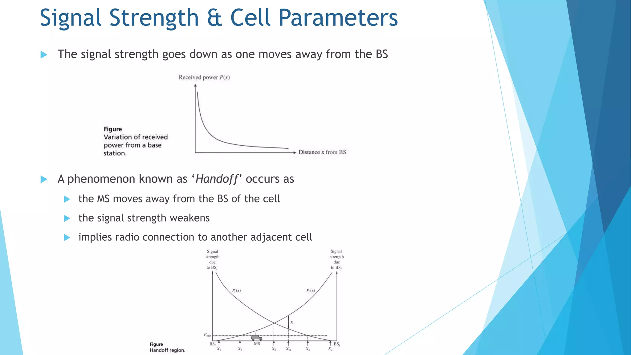  The signal strength goes down as one moves away from the BS
 A phenomenon known as ‘Handoff’ occurs as
 the MS moves away from the BS of the cell
 the signal strength weakens
 implies radio connection to another adjacent cell
Signal Strength & Cell Parameters
 