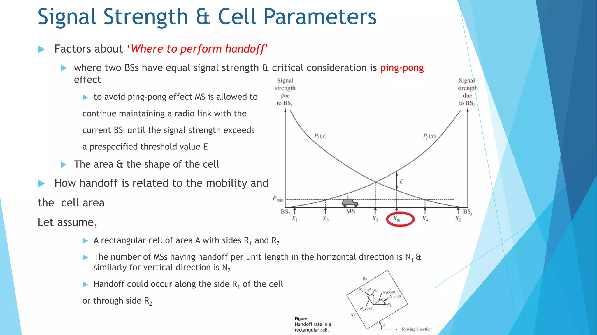  Factors about ‘Where to perform handoff’
 where two BSs have equal signal strength & critical consideration is ping-pong
effect
 to avoid ping-pong effect MS is allowed to
continue maintaining a radio link with the
current BSi until the signal strength exceeds
a prespecified threshold value E
 The area & the shape of the cell
 How handoff is related to the mobility and
the cell area
Let assume,
 A rectangular cell of area A with sides R1 and R2
 The number of MSs having handoff per unit length in the horizontal direction is N1 &
similarly for vertical direction is N2
 Handoff could occur along the side R1 of the cell
or through side R2
Signal Strength & Cell Parameters
 