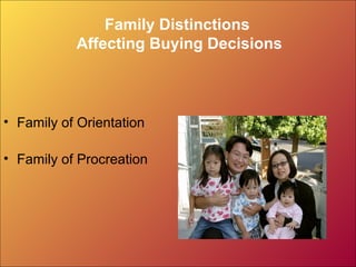 Family Distinctions
Affecting Buying Decisions
• Family of Orientation
• Family of Procreation
 