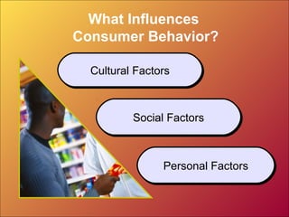 What Influences
Consumer Behavior?
Cultural FactorsCultural Factors
Social FactorsSocial Factors
Personal FactorsPersonal Factors
 