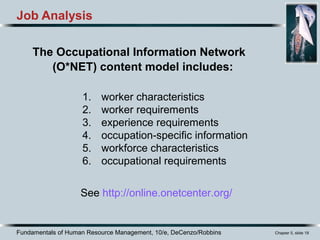 Fundamentals of Human Resource Management, 10/e, DeCenzo/Robbins Chapter 5, slide 18
The Occupational Information Network
(O*NET) content model includes:
Job Analysis
See http://online.onetcenter.org/
1. worker characteristics
2. worker requirements
3. experience requirements
4. occupation-specific information
5. workforce characteristics
6. occupational requirements
 