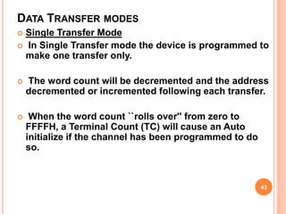 DATA TRANSFER MODES
 Single Transfer Mode
 In Single Transfer mode the device is programmed to
make one transfer only.
 The word count will be decremented and the address
decremented or incremented following each transfer.
 When the word count ``rolls over'' from zero to
FFFFH, a Terminal Count (TC) will cause an Auto
initialize if the channel has been programmed to do
so.
43
 