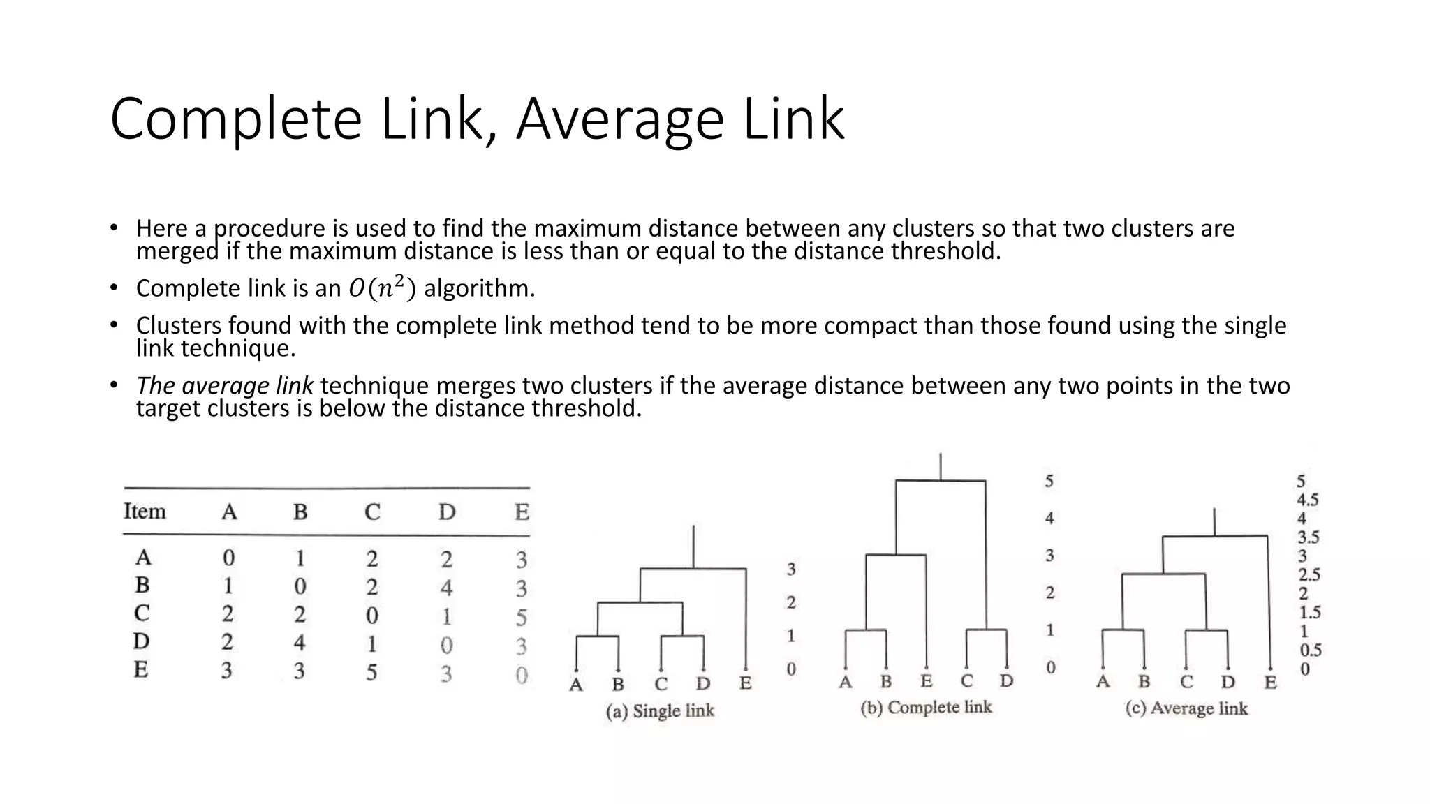 Complete Link, Average Link Technique
• Here a procedure is used to find the maximum distance between any clusters so that two clusters are
merged if the maximum distance is less than or equal to the distance threshold.
• Complete link is an 𝑂(𝑛2
) algorithm.
• Clusters found with the complete link method tend to be more compact than those found using the single
link technique.
• The average link technique merges two clusters if the average distance between any two points in the two
target clusters is below the distance threshold.
 