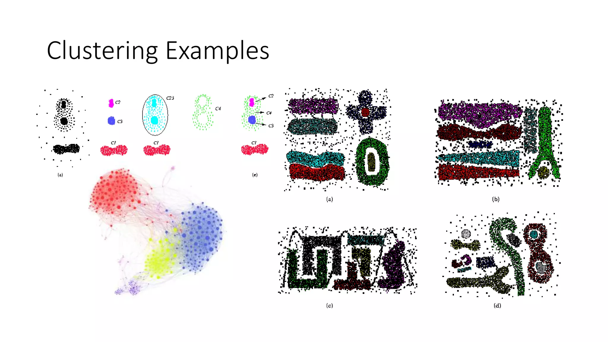 The ROCK (Robust Clustering using linKs)
The ROCK algorithm is divided into three general parts:
1. Obtaining a random sample of the data.
2. Performing clustering on the data using the link agglomerative approach. A goodness measure is used to
determine which pair of points is merged at each step.
3. Using these clusters the remaining data on disk are assigned to them.
• Both local and global heaps are used. The local heap for 𝑡𝑖, 𝑞 𝑡𝑖 , contains every cluster that has a nonzero
link to 𝑡𝑖 . The hierarchical clustering portion of the algorithm starts by placing each point 𝑡𝑖 in the sample
in a separate cluster. The global heap contains information about each cluster.
• All information in the heap is ordered based on the goodness measure:
𝑔 𝐾𝑖, 𝐾𝑗 =
link(𝐾𝑖, 𝐾𝑗)
𝑛𝑖 + 𝑛𝑗
1+2𝑓 Θ −𝑛𝑖
1+2𝑓 Θ
−𝑛 𝑗
1+2𝑓 Θ
• Here link(𝐾𝑖, 𝐾𝑗) is the number of links between the two clusters. Also 𝑛𝑖 and 𝑛𝑗 are the number of points in
each cluster. The function 𝑓 Θ depends on the data, but it is found to satisfy the property that each item in
𝐾𝑖 has approximately 𝑛𝑖
𝑓 Θ
neighbors in the cluster.
 