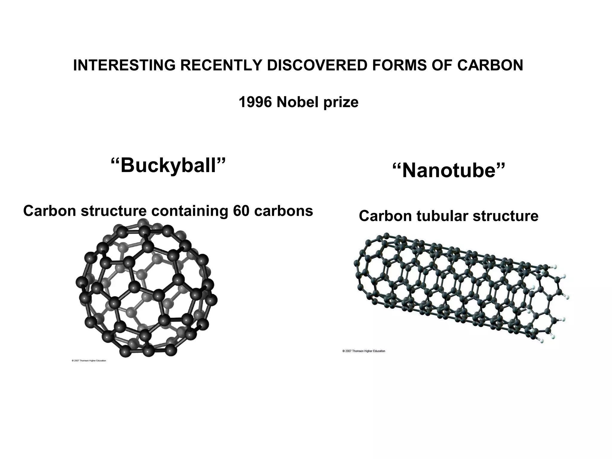 “Buckyball”
Carbon structure containing 60 carbons
“Nanotube”
Carbon tubular structure
INTERESTING RECENTLY DISCOVERED FORMS OF CARBON
1996 Nobel prize
 