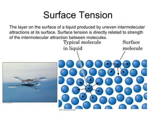 Surface Tension
The layer on the surface of a liquid produced by uneven intermolecular
attractions at its surface. Surface tension is directly related to strength
of the intermolecular attraction between molecules.
 