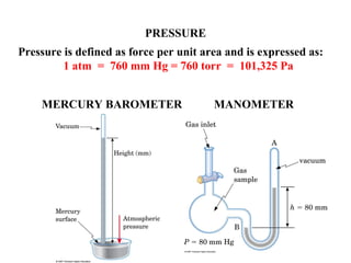PRESSURE
Pressure is defined as force per unit area and is expressed as:
1 atm = 760 mm Hg = 760 torr = 101,325 Pa
MERCURY BAROMETER MANOMETER
 