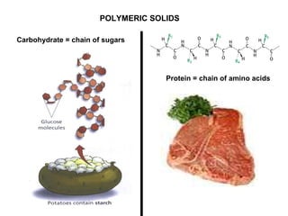 Protein = chain of amino acids
Carbohydrate = chain of sugars
POLYMERIC SOLIDS
 