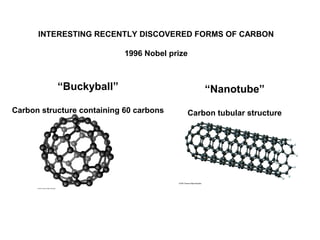 “Buckyball”
Carbon structure containing 60 carbons
“Nanotube”
Carbon tubular structure
INTERESTING RECENTLY DISCOVERED FORMS OF CARBON
1996 Nobel prize
 