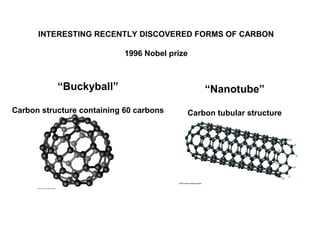 “Buckyball”
Carbon structure containing 60 carbons
“Nanotube”
Carbon tubular structure
INTERESTING RECENTLY DISCOVERED FOR...