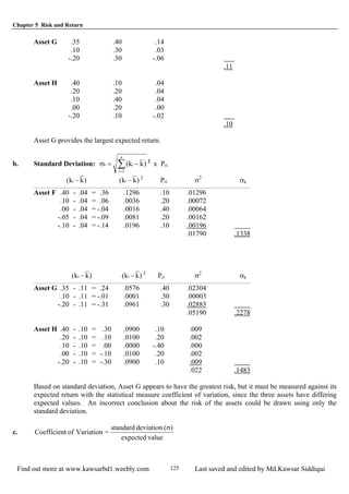 Chapter 5 Risk and Return
Find out more at www.kawsarbd1.weebly.com Last saved and edited by Md.Kawsar Siddiqui125
Asset G .35 .40 .14
.10 .30 .03
-.20 .30 -.06
.11
Asset H .40 .10 .04
.20 .20 .04
.10 .40 .04
.00 .20 .00
-.20 .10 -.02
.10
Asset G provides the largest expected return.
b. Standard Deviation: ∑=
−=σ
n
1i
ik )kk( 2
x Pri
)kk( i − )kk( i − 2
P σri
2
σk
Asset F .40 - .04 = .36 .1296 .10 .01296
.10 - .04 = .06 .0036 .20 .00072
.00 - .04 = -.04 .0016 .40 .00064
-.05 - .04 = -.09 .0081 .20 .00162
-.10 - .04 = -.14 .0196 .10 .00196
.01790 .1338
)kk( i − )kk( i − 2
P σri
2
σk
Asset G .35 - .11 = .24 .0576 .40 .02304
.10 - .11 = -.01 .0001 .30 .00003
-.20 - .11 = -.31 .0961 .30 .02883
.05190 .2278
Asset H .40 - .10 = .30 .0900 .10 .009
.20 - .10 = .10 .0100 .20 .002
.10 - .10 = .00 .0000 -.40 .000
.00 - .10 = -.10 .0100 .20 .002
-.20 - .10 = -.30 .0900 .10 .009
.022 .1483
Based on standard deviation, Asset G appears to have the greatest risk, but it must be measured against its
expected return with the statistical measure coefficient of variation, since the three assets have differing
expected values. An incorrect conclusion about the risk of the assets could be drawn using only the
standard deviation.
c.
valueexpected
)(deviationstandard
=VariationoftCoefficien
σ
 