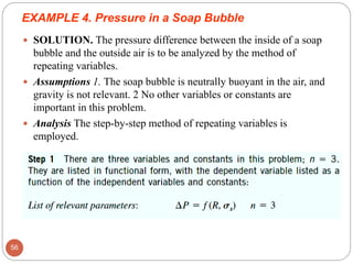  SOLUTION. The pressure difference between the inside of a soap
bubble and the outside air is to be analyzed by the method of
repeating variables.
 Assumptions 1. The soap bubble is neutrally buoyant in the air, and
gravity is not relevant. 2 No other variables or constants are
important in this problem.
 Analysis The step-by-step method of repeating variables is
employed.
56
EXAMPLE 4. Pressure in a Soap Bubble
 