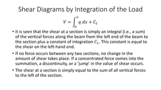Shear Diagrams by Integration of the Load
𝑉 =
0
𝑥
𝑞 𝑑𝑥 + 𝐶1
• It is seen that the shear at a section is simply an integral (i.e., a sum)
of the vertical forces along the beam from the left end of the beam to
the section plus a constant of integration 𝐶1. This constant is equal to
the shear on the left-hand end.
• If no force occurs between any two sections, no change in the
amount of shear takes place. If a concentrated force comes into the
summation, a discontinuity, or a ‘jump’ in the value of shear occurs.
• The shear at a section is simply equal to the sum of all vertical forces
to the left of the section.
 