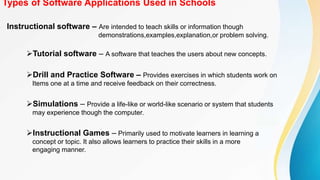 Types of Software Applications Used in Schools
Instructional software – Are intended to teach skills or information though
demonstrations,examples,explanation,or problem solving.
Tutorial software – A software that teaches the users about new concepts.
Drill and Practice Software – Provides exercises in which students work on
Items one at a time and receive feedback on their correctness.
Simulations – Provide a life-like or world-like scenario or system that students
may experience though the computer.
Instructional Games – Primarily used to motivate learners in learning a
concept or topic. It also allows learners to practice their skills in a more
engaging manner.
 