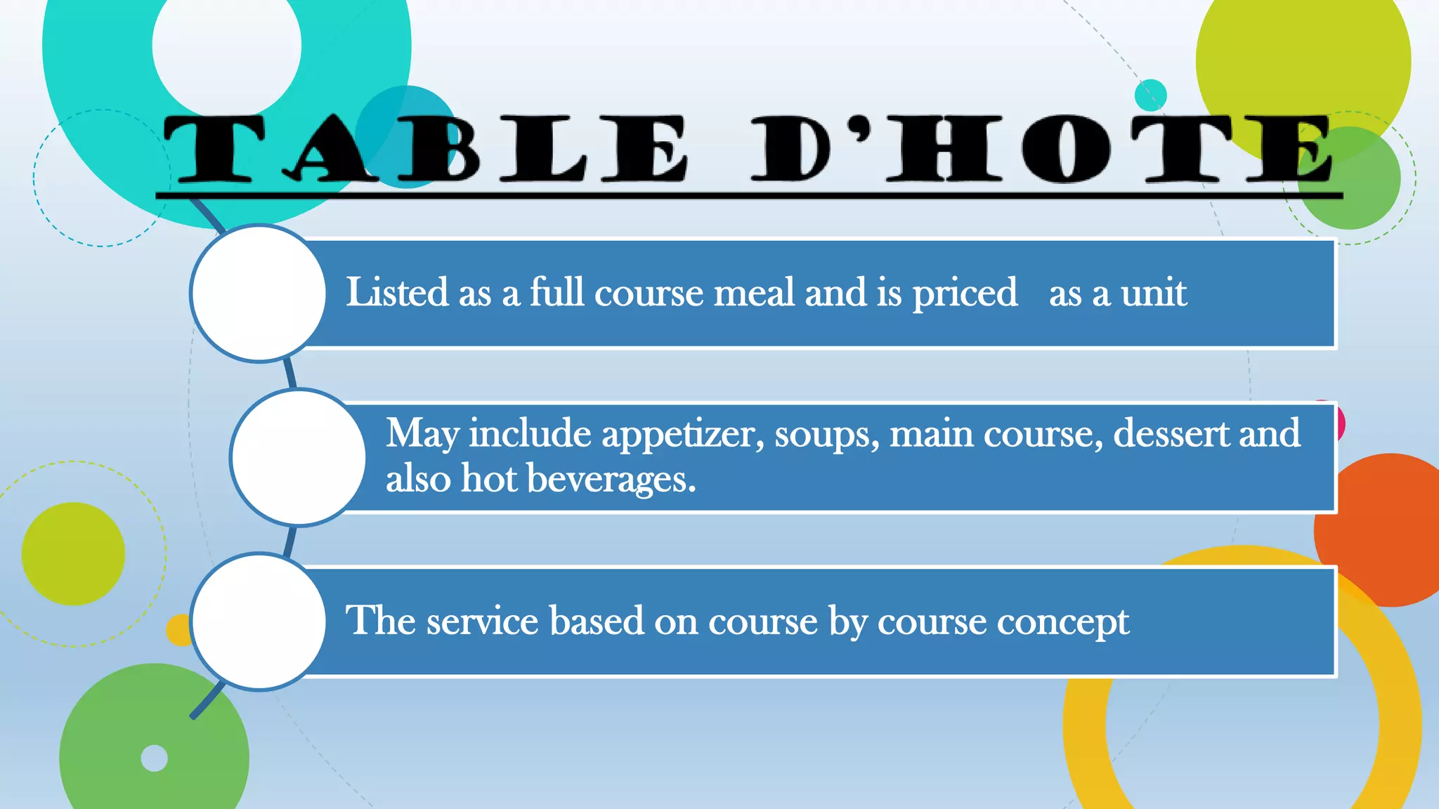 Listed as a full course meal and is priced as a unit
May include appetizer, soups, main course, dessert and
also hot beverages.
The service based on course by course concept
 