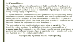 5.1.2 Types of Process
The most powerful impression of experience is that it consists of a flow of events or
‘goings-on’ and this flow of events is chuncked into quanta of change by the grammar
of the clause: each quantum of change is modelled as a figure (figure of happening,
doing, sensing, saying, being or having).
All figures consist of a process unfolding through time and of participant being directly
involved in the process; rather they are attendant on it. All such figures are sorted out
in the grammar of the clause. Thus as well as being a mode of action, of giving and
demanding goods&services and information, the clause is also a mode of reflection, of
imposing order on the endless variation and flow of events.
The grammatical system by which this is achieved is that of transitivity. The
transitivity system construes the world of experience into a manageable set of
process types. Each process type provides its own model or schema for construing a
particular domain of experience as a figure of a particular kind --- a model such as the
one illustrated above for construing signification:
Token (usually) + process (means) + value (mostly)
 