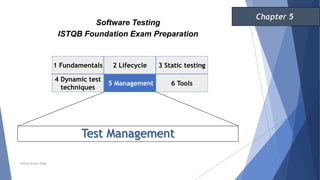 Test Management
1 Fundamentals 2 Lifecycle
4 Dynamic test
techniques
3 Static testing
5 Management 6 Tools
Software Testing
ISTQB Foundation Exam Preparation
Chapter 5
Neeraj Kumar Singh
 
