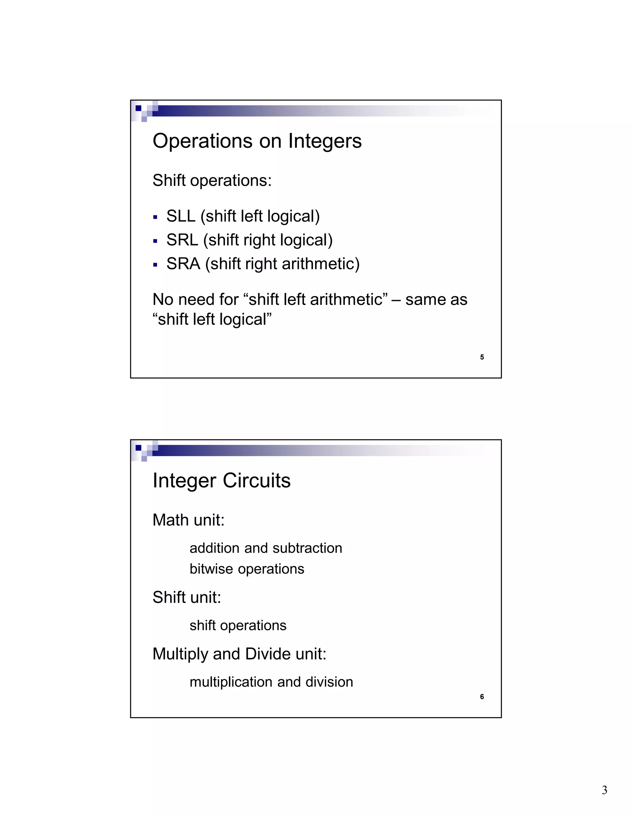 3
5
Shift operations:
SLL (shift left logical)
SRL (shift right logical)
SRA (shift right arithmetic)
No need for “shift left arithmetic” – same as
“shift left logical”
Operations on Integers
6
Math unit:
addition and subtraction
bitwise operations
Shift unit:
shift operations
Multiply and Divide unit:
multiplication and division
Integer Circuits
 