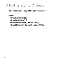11
A Null Iterator for Animals
class NullIterator : public CIterator<CAnimal *>
{
public:
virtual void First() {}
virtual void Next() {}
virtual bool IsDone() {return true;}
virtual CAnimal * Current() {return NULL;}
};
 