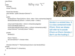 36
class CFarm
{
public:
CFarm();
virtual ~CFarm();
friend class Iterator;
class Iterator : public CIterator<CAnimal *>
{
public:
Iterator(CFarm *farm) {mFarm = farm; mIter = farm->mInventory.begin();}
Iterator(Iterator &i) {mFarm = i.mFarm; mIter = i.mIter;}
virtual void First() {mIter = mFarm->mInventory.begin();}
virtual void Next() {mIter++;}
virtual bool IsDone() {return mIter == mFarm->mInventory.end();}
virtual CAnimal * Current() {return *mIter;}
private:
Iterator() {}
CFarm *mFarm;
std::list<CAnimal *>::iterator mIter;
};
CIterator<CAnimal *> *GetInventory() {return new Iterator(this);}
private:
std::list<CAnimal *> mInventory;
};
Why no “C”
Iterator is a nested class. It
is a class contained inside
CFarm. Since we always
will refer to it outside
CFarm as CFarm::Iterator, I
don’t use the leading C.
 