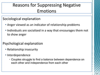 5-7
Sociological explanation
• Anger viewed as an indicator of relationship problems
• Individuals are socialized in a way that encourages them not
to show anger
Psychological explanation
• Relationship insecurity
• Interdependence
• Couples struggle to find a balance between dependence on
each other and independence from each other
 
