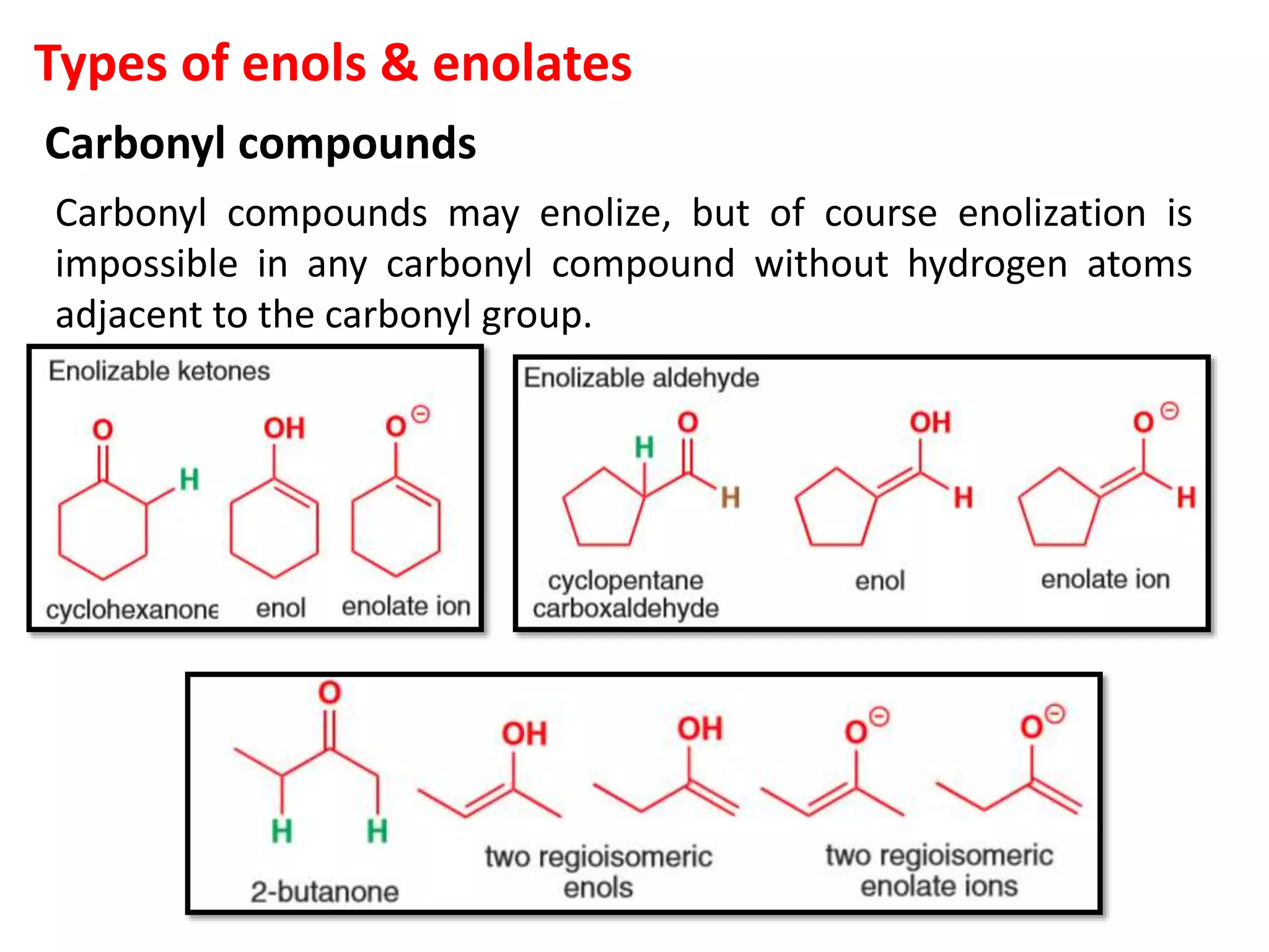 Types of enols & enolates
Carbonyl compounds
Carbonyl compounds may enolize, but of course enolization is
impossible in any carbonyl compound without hydrogen atoms
adjacent to the carbonyl group.
 