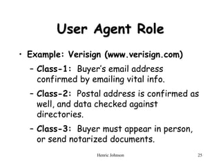 Henric Johnson 25
User Agent Role
• Example: Verisign (www.verisign.com)
– Class-1: Buyer’s email address
confirmed by emailing vital info.
– Class-2: Postal address is confirmed as
well, and data checked against
directories.
– Class-3: Buyer must appear in person,
or send notarized documents.
 