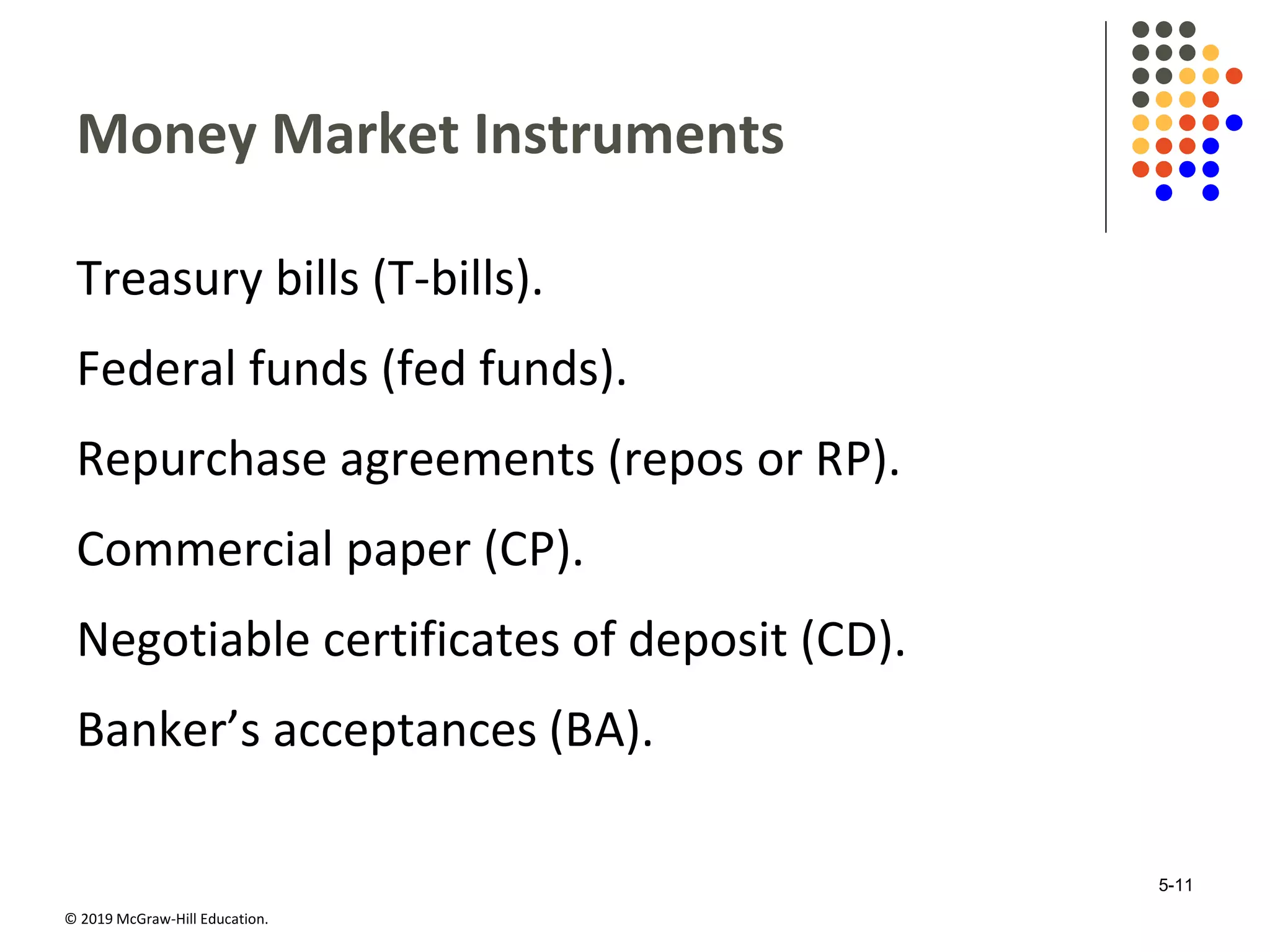 © 2019 McGraw-Hill Education.
Money Market Instruments
Treasury bills (T-bills).
Federal funds (fed funds).
Repurchase agreements (repos or RP).
Commercial paper (CP).
Negotiable certificates of deposit (CD).
Banker’s acceptances (BA).
5-11
 