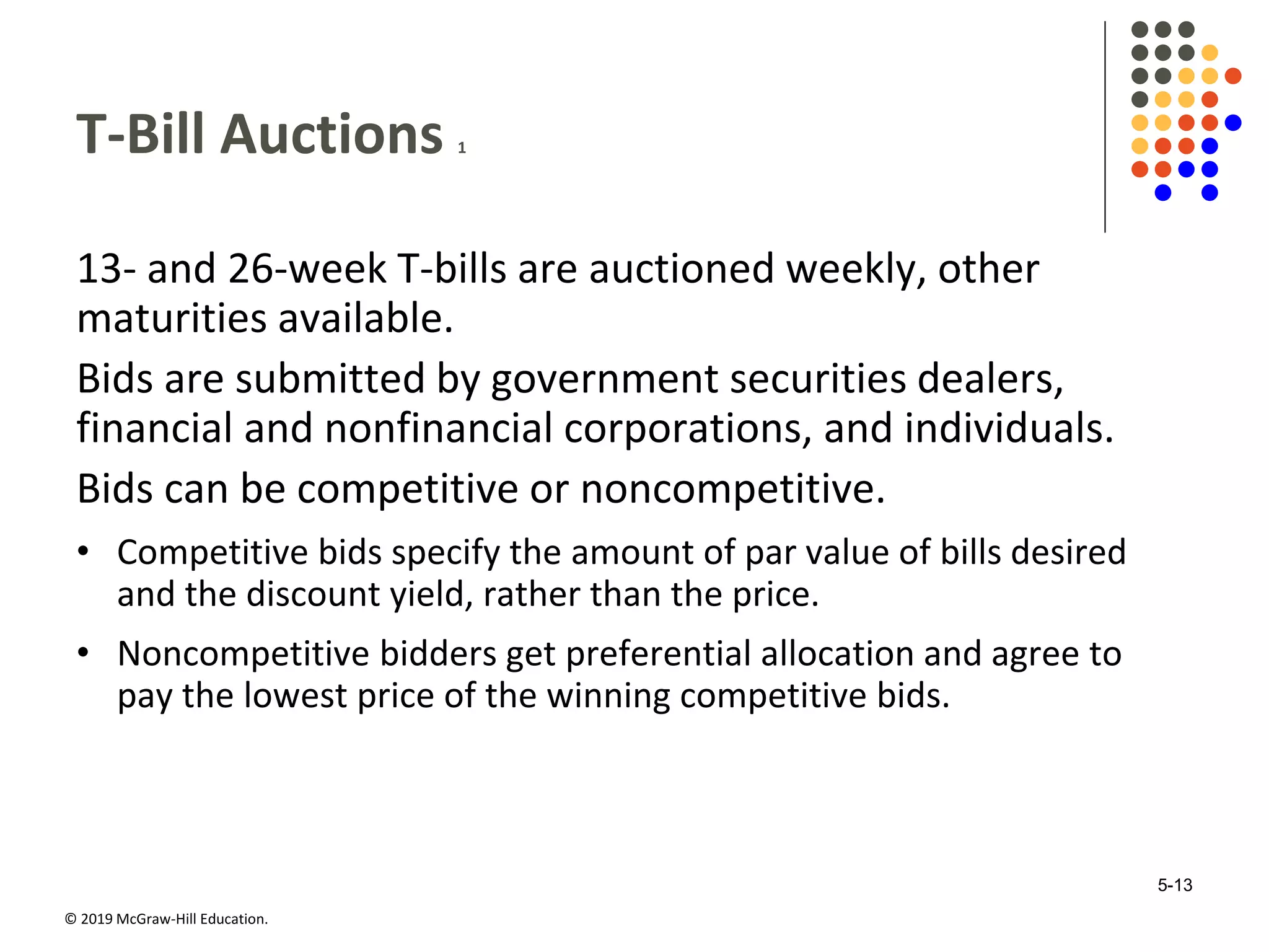 © 2019 McGraw-Hill Education.
T-Bill Auctions 1
13- and 26-week T-bills are auctioned weekly, other
maturities available.
Bids are submitted by government securities dealers,
financial and nonfinancial corporations, and individuals.
Bids can be competitive or noncompetitive.
• Competitive bids specify the amount of par value of bills desired
and the discount yield, rather than the price.
• Noncompetitive bidders get preferential allocation and agree to
pay the lowest price of the winning competitive bids.
5-13
 