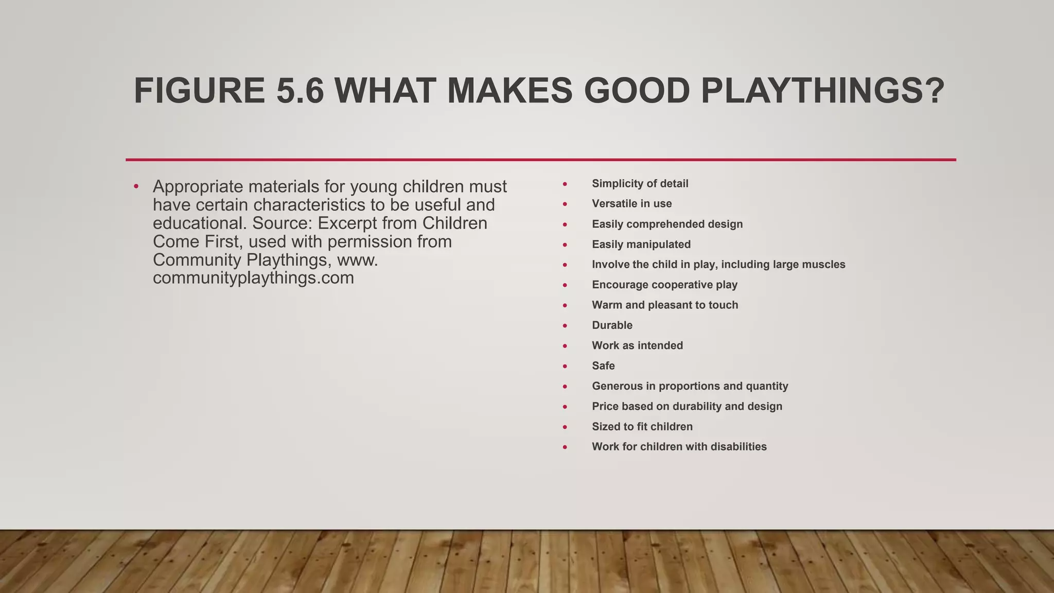 FIGURE 5.6 WHAT MAKES GOOD PLAYTHINGS?
• Appropriate materials for young children must
have certain characteristics to be useful and
educational. Source: Excerpt from Children
Come First, used with permission from
Community Playthings, www.
communityplaythings.com
 Simplicity of detail
 Versatile in use
 Easily comprehended design
 Easily manipulated
 Involve the child in play, including large muscles
 Encourage cooperative play
 Warm and pleasant to touch
 Durable
 Work as intended
 Safe
 Generous in proportions and quantity
 Price based on durability and design
 Sized to fit children
 Work for children with disabilities
 
