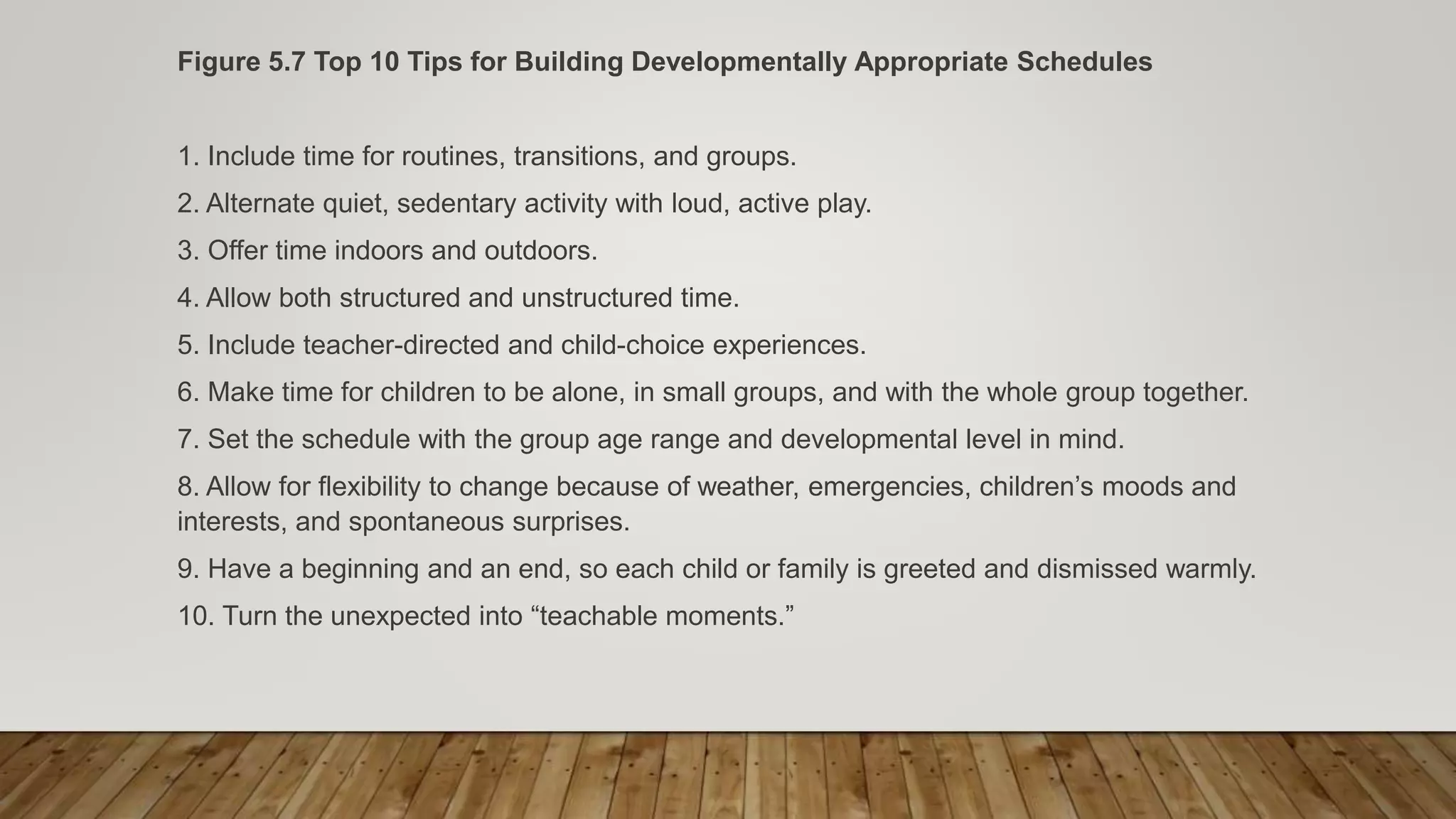 Figure 5.7 Top 10 Tips for Building Developmentally Appropriate Schedules
1. Include time for routines, transitions, and groups.
2. Alternate quiet, sedentary activity with loud, active play.
3. Offer time indoors and outdoors.
4. Allow both structured and unstructured time.
5. Include teacher-directed and child-choice experiences.
6. Make time for children to be alone, in small groups, and with the whole group together.
7. Set the schedule with the group age range and developmental level in mind.
8. Allow for flexibility to change because of weather, emergencies, children’s moods and
interests, and spontaneous surprises.
9. Have a beginning and an end, so each child or family is greeted and dismissed warmly.
10. Turn the unexpected into “teachable moments.”
 