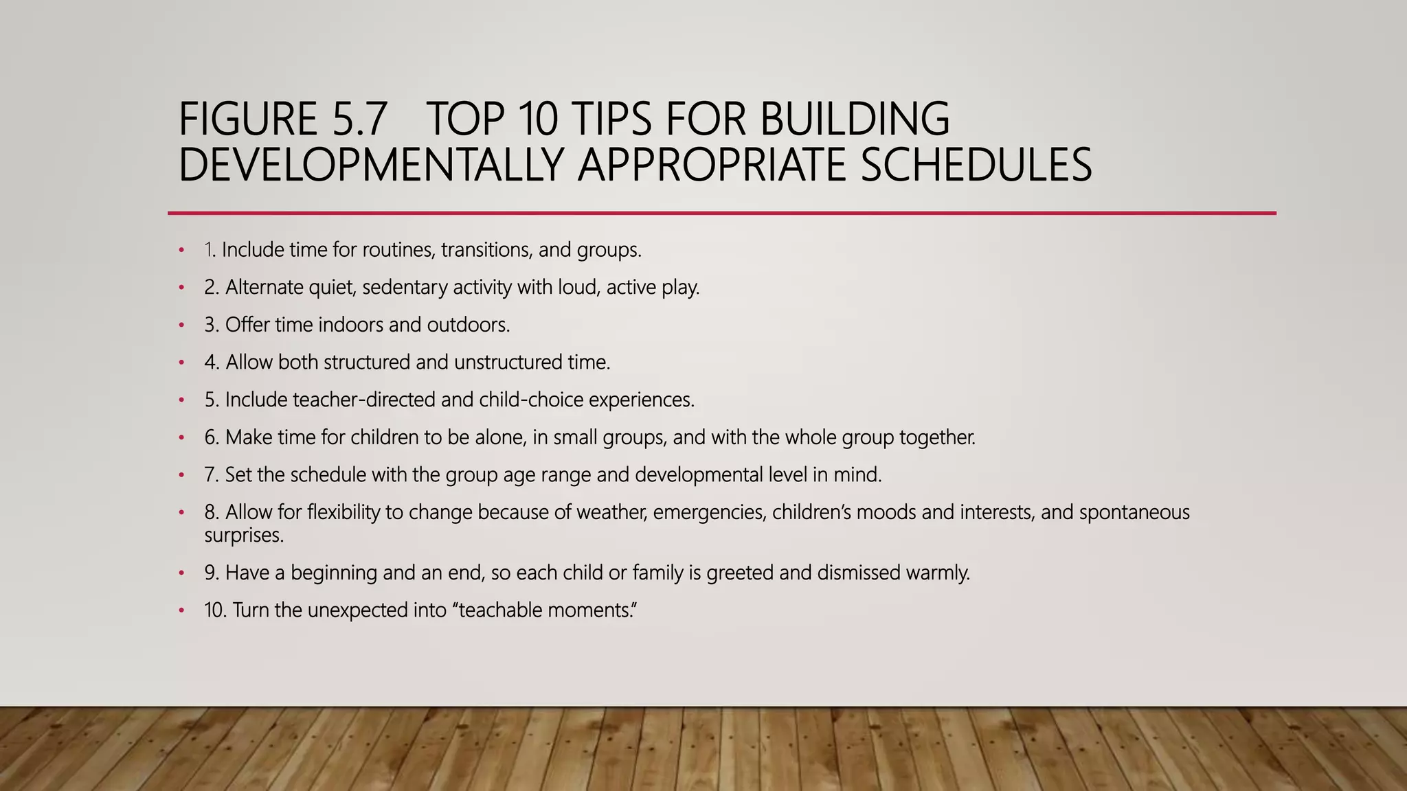 FIGURE 5.7 TOP 10 TIPS FOR BUILDING
DEVELOPMENTALLY APPROPRIATE SCHEDULES
• 1. Include time for routines, transitions, and groups.
• 2. Alternate quiet, sedentary activity with loud, active play.
• 3. Offer time indoors and outdoors.
• 4. Allow both structured and unstructured time.
• 5. Include teacher-directed and child-choice experiences.
• 6. Make time for children to be alone, in small groups, and with the whole group together.
• 7. Set the schedule with the group age range and developmental level in mind.
• 8. Allow for flexibility to change because of weather, emergencies, children’s moods and interests, and spontaneous
surprises.
• 9. Have a beginning and an end, so each child or family is greeted and dismissed warmly.
• 10. Turn the unexpected into “teachable moments.”
 